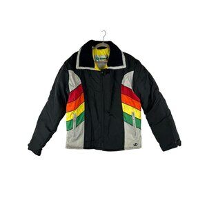 Vintage John Deere Womens L Ski Snowmobile Jacket  80s 90s Black Rainbow Color